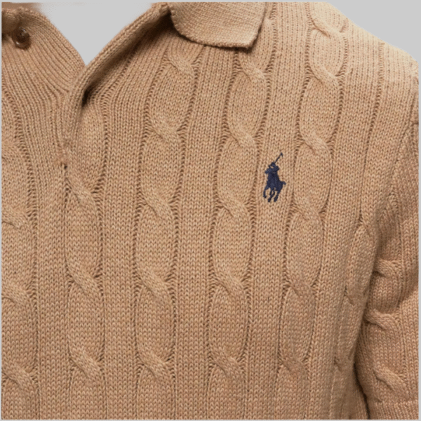 Male model wearing a Ralph Lauren beige cable knit short sleeve polo shirt with embroidered pony logo – classic smart casual menswear