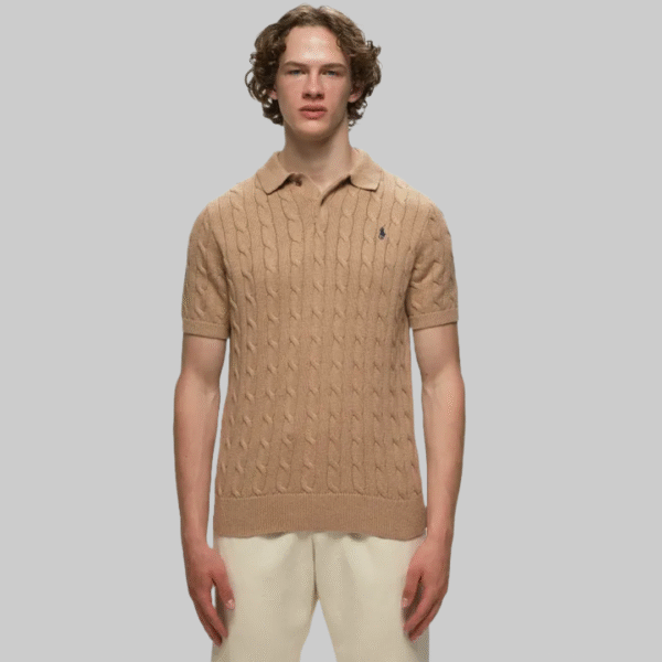 male model wearing Ralph Lauren beige cable knit short sleeve polo shirt – smart casual cotton blend style