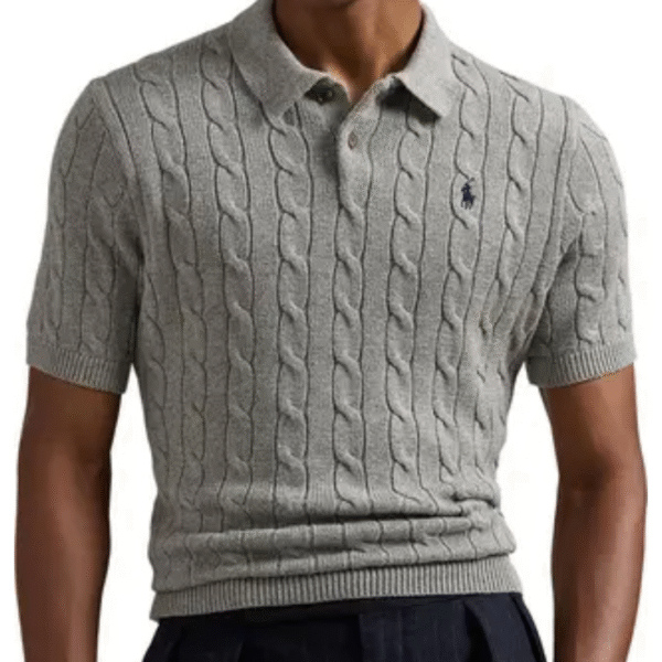 Close-up of Ralph Lauren grey polo shirt collar and tag, featuring classic knit texture and structured finish