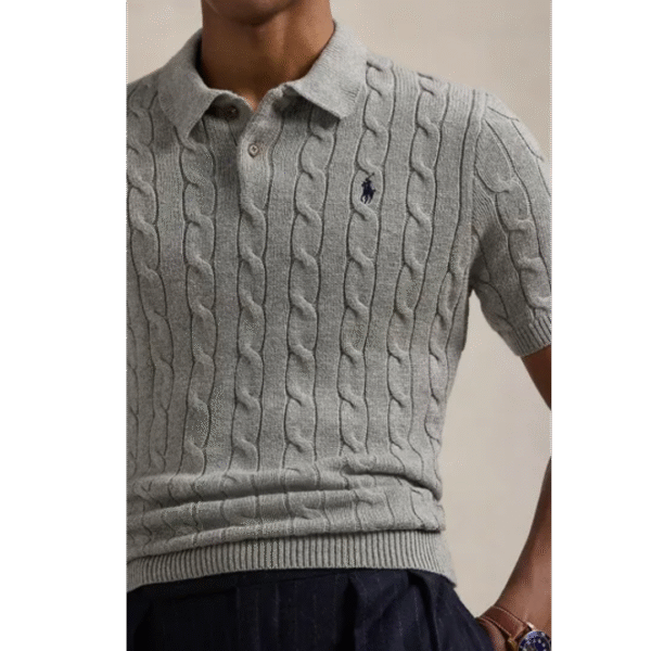 Ralph Lauren signature embroidered logo on grey cable knit polo shirt, zoomed chest view