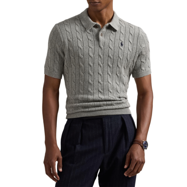 Ralph Lauren grey cable knit polo shirt on hanger with embroidered logo and ribbed sleeve cuff