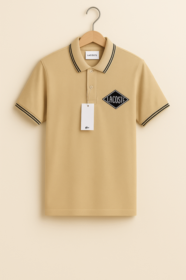 Lacoste Classic Polo Shirt flat lay – beige cotton design Title: Lacoste Polo Shirt – Flat Lay in Beige
