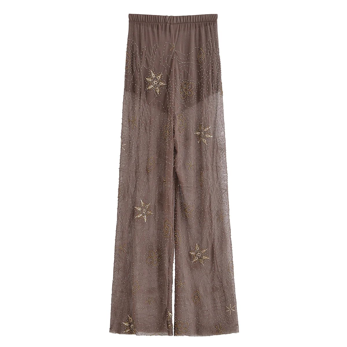 TRAFZA Sexy Chic Women Transparent Pants Sequins Straight Wide Leg Pants Fashion 2025 Spring Summer Holiday Party Trousers TRAFZA Sexy Chic Women Transparent Pants Sequins Straight Wide Leg Pants Fashion 2025 Spring Summer Holiday Party Trousers