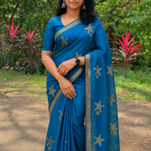 Pure Silk Saree – Teal Blue with Gold Starfish Design2