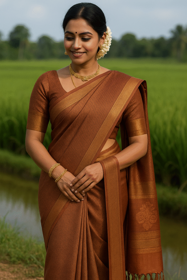 Indian woman in a copper brown soft silk saree with golden border, posing confidently in a paddy field landscape