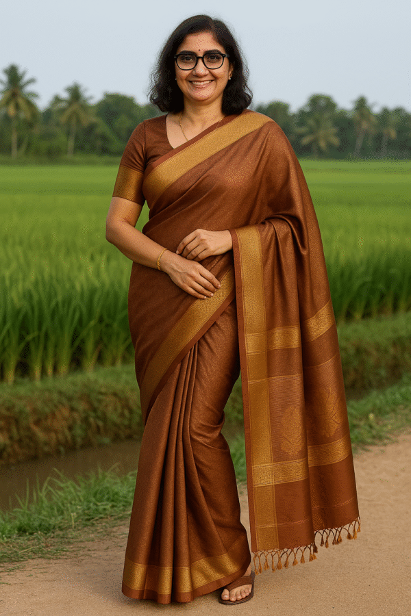 Graceful Indian woman dressed in a handwoven silk saree standing on a rural path near lush green fields