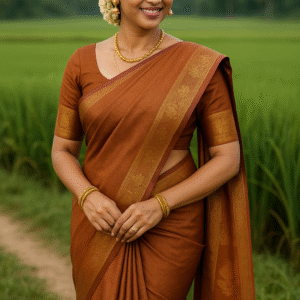 Indian woman wearing a copper brown soft silk saree with golden border, standing gracefully in front of lush green paddy fields