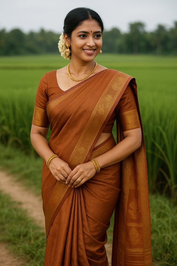 Indian woman wearing a copper brown soft silk saree with golden border, standing gracefully in front of lush green paddy fields